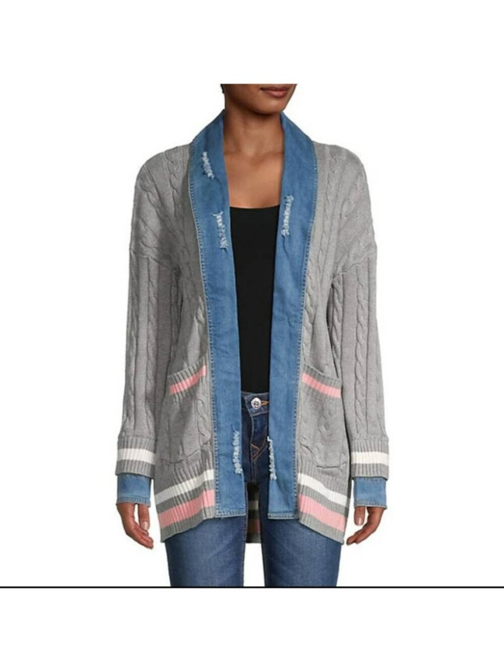 Central Park West NWT Cable Knit Sweater Jacket Small Gray Denim Trim Oversized
